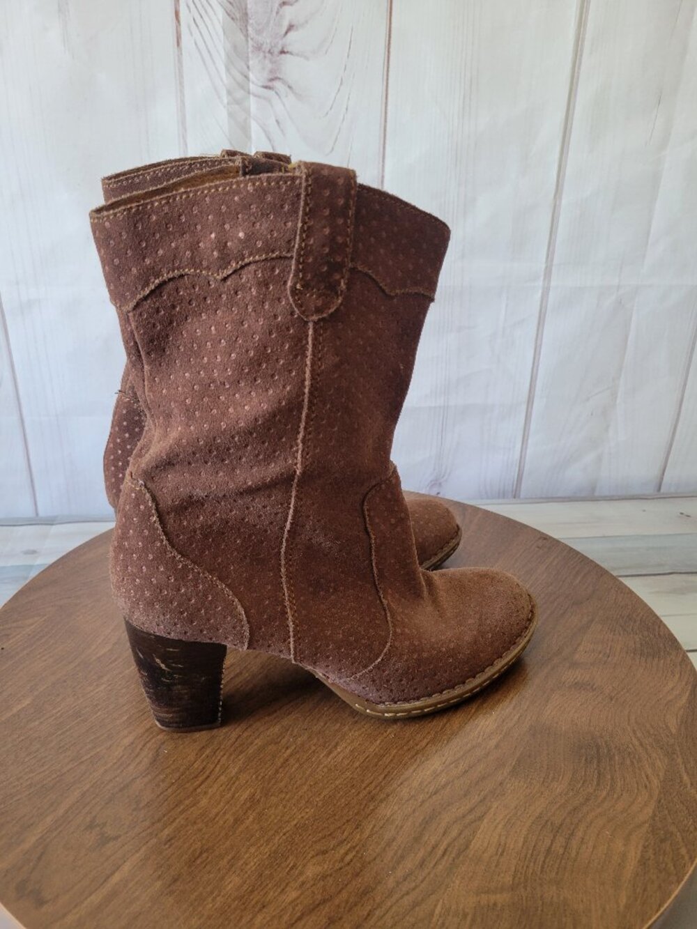 Born Genevieve Women’s 9 Brown Suede Leather Mid-Calf Western Boots, Polka Dot